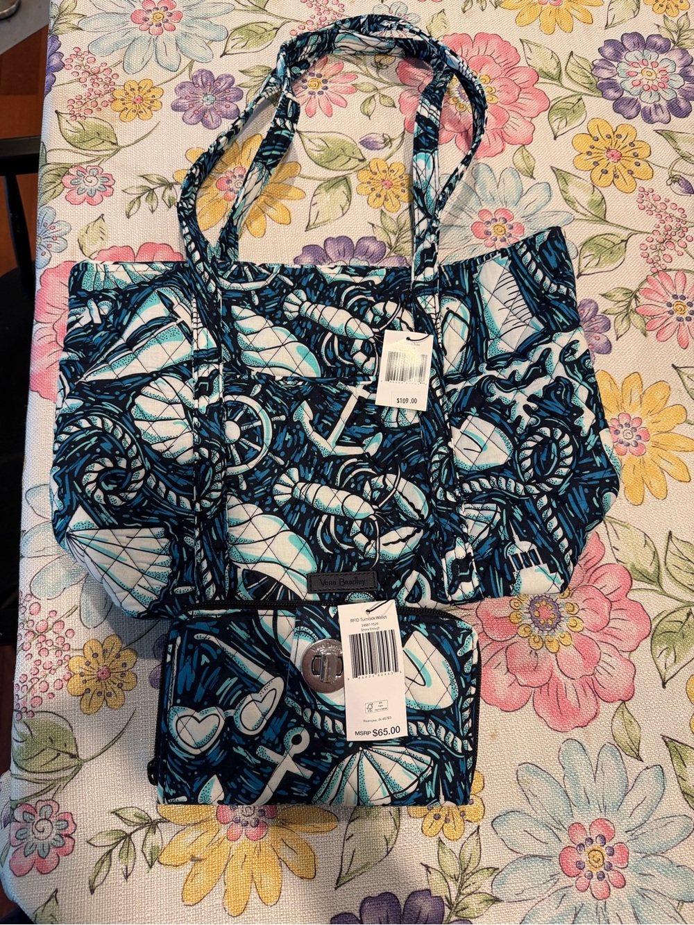 Vera Bradley Teal and Navy Nautical Quilted Tote with Matching Wallet